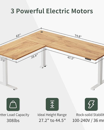 FEZIBO 75 Inches, Supports over 300mlbs, L Shaped Standing Desk Reversible, Electric Height Adjustable Corner Stand up Desk, Sit Stand Desk Computer Workstation, White Frame/Light Rustic Brown Top - LeafyLoom