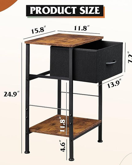 WLIVE Nightstand, End Table with Fabric Storage Drawer and Open Wood Shelf, Bedside Furniture with Steel Frame, Side Table for Bedroom, Dorm, Easy Assembly, Black and Rustic Brown, 24.9" Height - LeafyLoom
