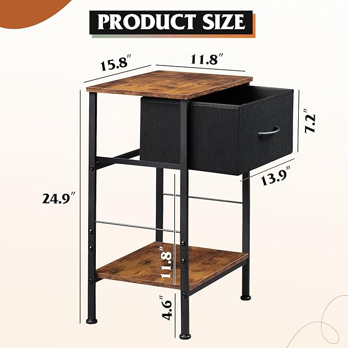 WLIVE Nightstand, End Table with Fabric Storage Drawer and Open Wood Shelf, Bedside Furniture with Steel Frame, Side Table for Bedroom, Dorm, Easy Assembly, Black and Rustic Brown, 24.9" Height - LeafyLoom