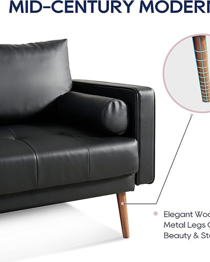 Vonanda Faux Leather Sofa Couch, Mid-Century 73 Inch 3 Seater Leather Couch with Wood Grain Metal Legs and Bolster Pillows for Living Room,Elegant Black - LeafyLoom