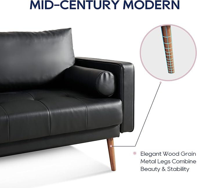 Vonanda Faux Leather Sofa Couch, Mid-Century 73 Inch 3 Seater Leather Couch with Wood Grain Metal Legs and Bolster Pillows for Living Room,Elegant Black - LeafyLoom