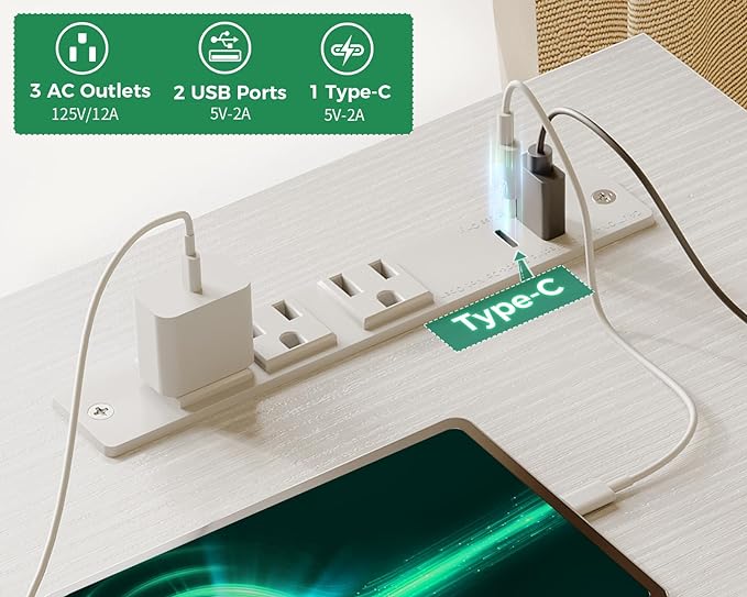 AODK 48 Inch Small Computer Desk with Power Outlets, Writing Desk with Storage Shelves Headphone Hook, Student Laptop PC Desks for Small Spaces Home Office, White - LeafyLoom