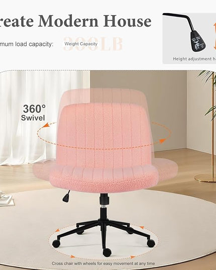 Sweetcrispy Criss Cross Chair Legged, Armless Office Desk Chair with Wheels, Swivel Vanity Chair, Height Adjustable Wide Seat Computer Task Chair, Fabric Vanity Modern Home Chair Pink - LeafyLoom
