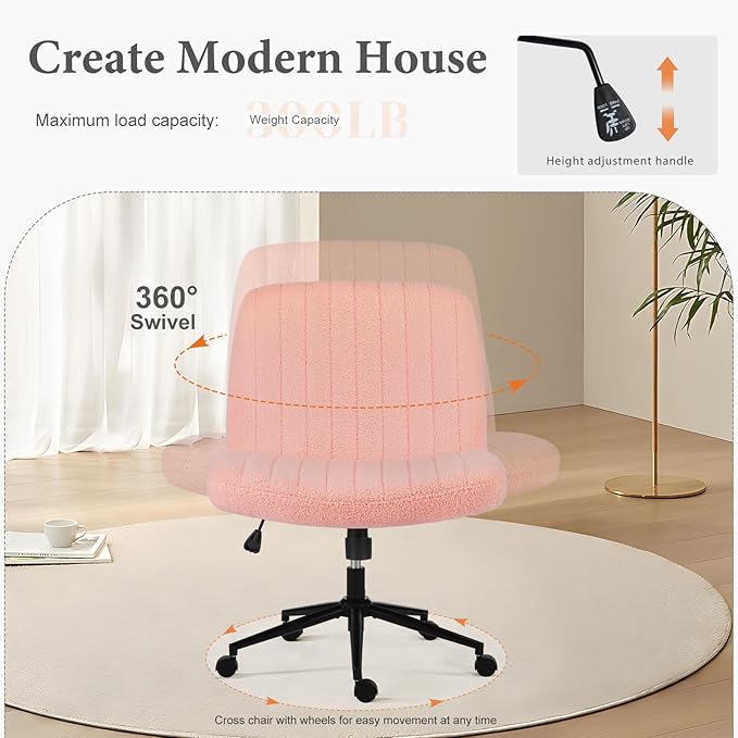 Sweetcrispy Criss Cross Chair Legged, Armless Office Desk Chair with Wheels, Swivel Vanity Chair, Height Adjustable Wide Seat Computer Task Chair, Fabric Vanity Modern Home Chair Pink - LeafyLoom