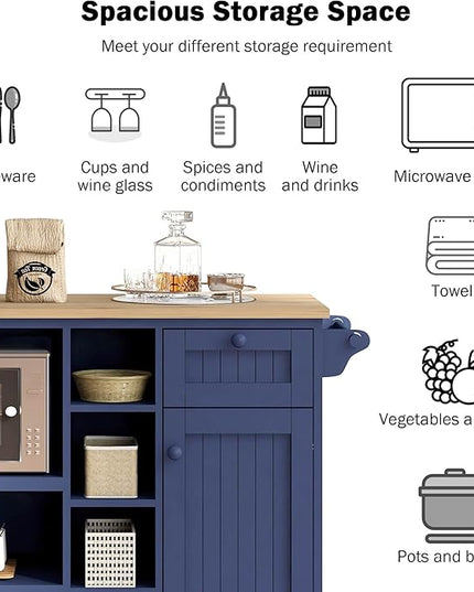 Mobile Kitchen Cart with Storage Cabinet & Solid Wood Desktop, Kitchens Island on Wheels w/Adjustable Shelf and Drawer, Floor Standing Buffet Sideboard for Dining Room, Bar - LeafyLoom