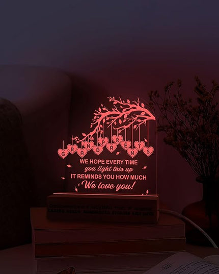 Grandparents 3D Illusion Lamp w/Wooden Base USB Powered, Acrylic Night Light, Grandma & Grandpa Gift from Grandchildrens, Grandparents Lamp Present, Gift for Birthday Fathers Day Mothers Day - LeafyLoom