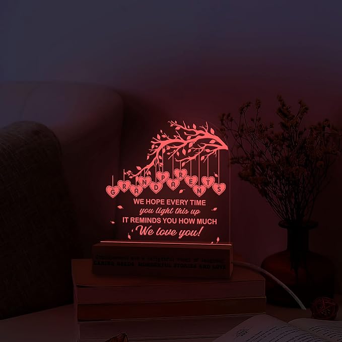 Grandparents 3D Illusion Lamp w/Wooden Base USB Powered, Acrylic Night Light, Grandma & Grandpa Gift from Grandchildrens, Grandparents Lamp Present, Gift for Birthday Fathers Day Mothers Day - LeafyLoom