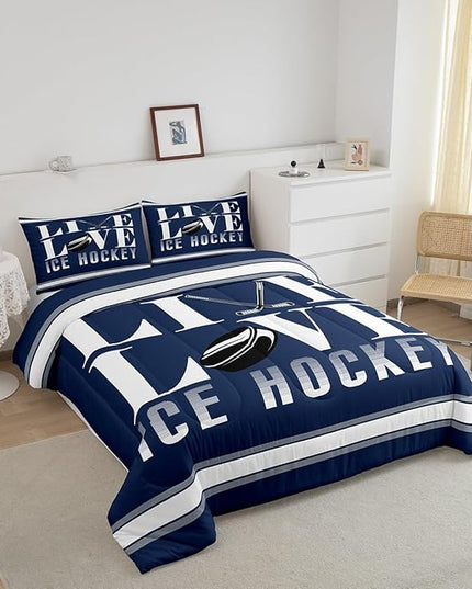 Feelyou Ice Hockey Bedding Set Queen Size Ice Sports Games Comforter Set for Kids Boys Girls Decor Hockey Player Comforter Microfiber Puck Hockey Duvet Set Bedroom Quilt Set - LeafyLoom
