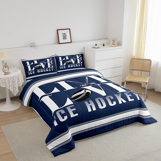 Feelyou Ice Hockey Bedding Set Queen Size Ice Sports Games Comforter Set for Kids Boys Girls Decor Hockey Player Comforter Microfiber Puck Hockey Duvet Set Bedroom Quilt Set - LeafyLoom