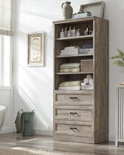 72" Tall Bookshlef with 3 Drawers, Farmhouse 4-Tier Bookcase with Adjustable Shlef, Wooden Storage Cabinet for Living Room, Kitchen, Home Office, Dining Room, Grey - LeafyLoom