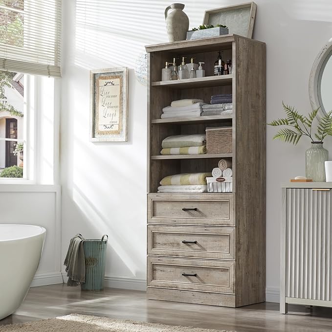 72" Tall Bookshlef with 3 Drawers, Farmhouse 4-Tier Bookcase with Adjustable Shlef, Wooden Storage Cabinet for Living Room, Kitchen, Home Office, Dining Room, Grey - LeafyLoom