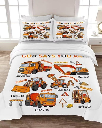 Kids Construction Vehicles Truck Comforter for Boys Twin,Cartoon Car Excavator Tractor Bedding Set,Construction Christian Spirational Quotes Comforter with 2 Pillowcases White - LeafyLoom