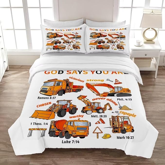 Kids Construction Vehicles Truck Comforter for Boys Full,Cartoon Car Excavator Tractor Bedding Set,Construction Christian Spirational Quotes Comforter with 2 Pillowcases White - LeafyLoom