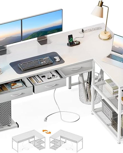 AODK 53 Inch L Shaped Computer Desk with Drawers, Corner Desk with Power Outlets & Reversible Storage Shelves, Movable CPU Stand for Home Office Gaming, White - LeafyLoom
