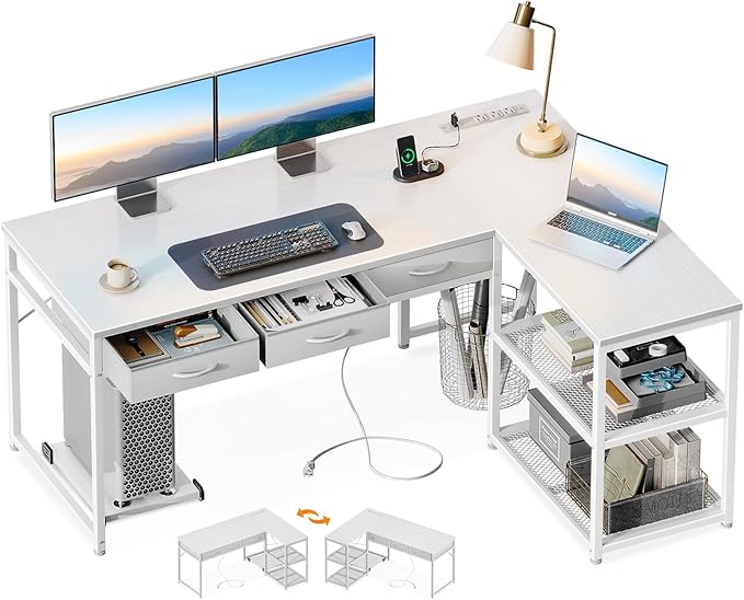 AODK 53 Inch L Shaped Computer Desk with Drawers, Corner Desk with Power Outlets & Reversible Storage Shelves, Movable CPU Stand for Home Office Gaming, White - LeafyLoom
