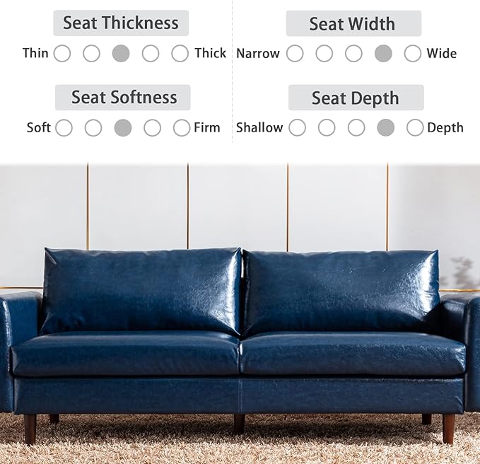 Dreamsir 80'' Faux Leather Sofa Couch, Mid-Century Modern Sofa with Solid Wooden Frame & Padded Cushions, 3-Seater Couch for Living Room, Apartment, Lounge Room (Blue) - LeafyLoom