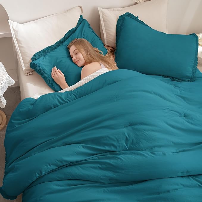 Andency Turquoise Comforter Twin Size, 2 Pieces Boho Teal Tassel Lightweight Bedding Comforter Sets for Twin Bed, Teal Blue All Season Soft Fluffy Fringe Bed Set (66x90In Comforter & 1 Pillowcase) - LeafyLoom