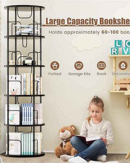 5 Tier Rotating Bookshelf, 360 ° Display Stackable Spinning Bookshelf Tower, Narrow Space Saving Tall Floor Standing Swivel Bookcase Corner Storage Organizer for Bedroom, Living Room, Black - LeafyLoom