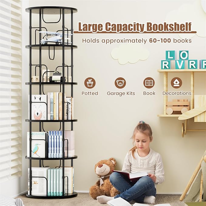 5 Tier Rotating Bookshelf, 360 ° Display Stackable Spinning Bookshelf Tower, Narrow Space Saving Tall Floor Standing Swivel Bookcase Corner Storage Organizer for Bedroom, Living Room, Black - LeafyLoom