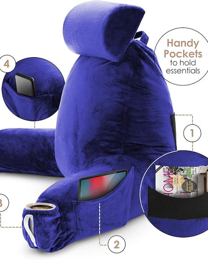 Clara Clark Reading Pillow, Large Back Pillow for Sitting Up in Bed, Memory Foam Back Support Pillow, Reading Pillows for Sitting in Bed Adult, Royal Blue Sit Up Pillow for Bed with Arms and Pockets - LeafyLoom