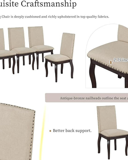 RITSU 5-Piece Farmhouse Round Retractable Table Set with 4 Upholstered Dining Chairs, Copper Ingot Trim, MDF and Rubber Wood for Living Room, Apartment,Espresso, 58inch - LeafyLoom