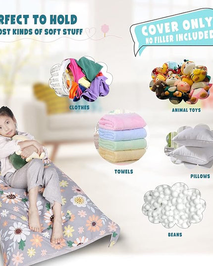 Stuffed Animal Storage Bean Bag Chair Cover, Velvet Canvas Gray Sunflower Plush Toy Storage Stuff and Sit Seat for Kids/Teens/Adults, 52" x 31" Extra Large Sofa, 200L/52Gal, Cover Only - LeafyLoom