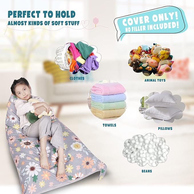 Stuffed Animal Storage Bean Bag Chair Cover, Velvet Canvas Gray Sunflower Plush Toy Storage Stuff and Sit Seat for Kids/Teens/Adults, 52" x 31" Extra Large Sofa, 200L/52Gal, Cover Only - LeafyLoom