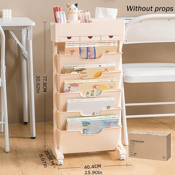 6 Tier Rolling Cart,Open Bookcase and Bookshelf,Mobile Bookshelf with Wheels 3 Drawer,Storage Shelving Display Shelves,Narrow Rolling Storage Cart for Living Room, Bedroom, Kitchen (Pink) - LeafyLoom