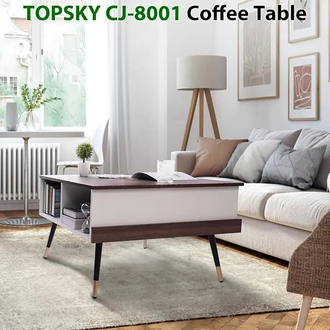 TOPSKY Lift Top Coffee Table, Square Coffee Table with Storage Shelves (Light Walnut) - LeafyLoom