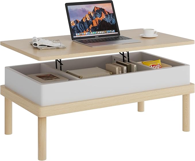 Shintenchi Coffee Table, Lift Top Coffee Table with Hidden Compartment, Rising Tabletop Dining Table, Lift Top Coffee Center Table for for Living Room, Office, Home (Oak) - LeafyLoom