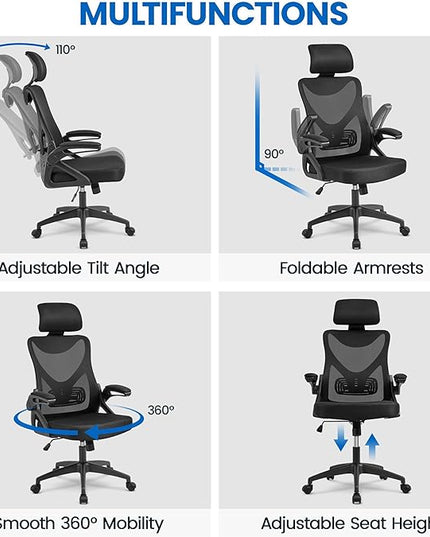 Yaheetech Ergonomic Office Chair, High Back Desk Chair with with flip-up Armrests, Adjustable Padded Headrest Mesh Computer Chair with Lumbar Support for Home Office Meeting Room, Black - LeafyLoom