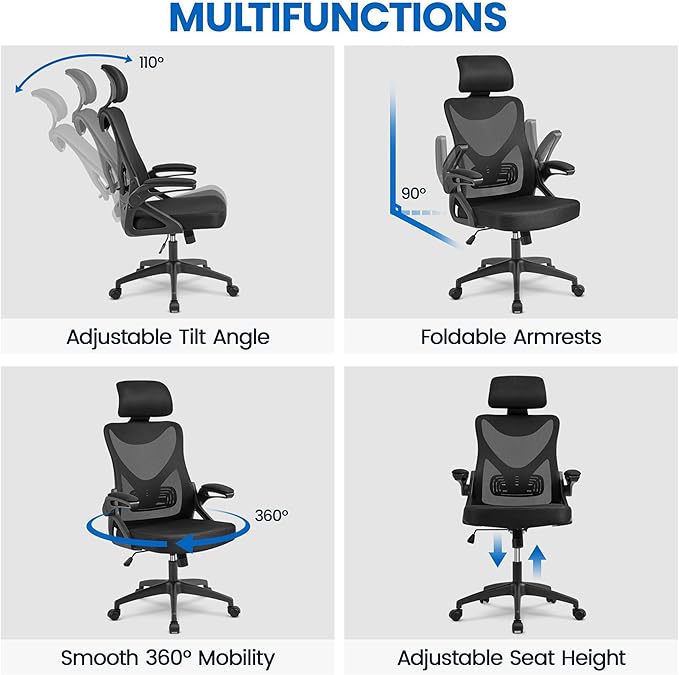 Yaheetech Ergonomic Office Chair, High Back Desk Chair with with flip-up Armrests, Adjustable Padded Headrest Mesh Computer Chair with Lumbar Support for Home Office Meeting Room, Black - LeafyLoom