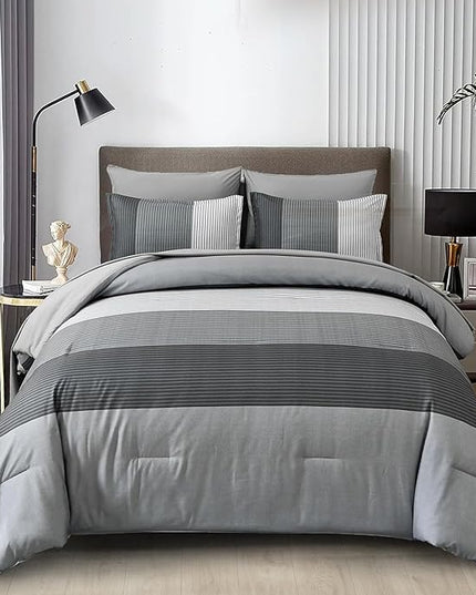 WONGS BEDDING Grey Comforter Set King, Reversible Grey Striped Down Alternative Comforter for King Bed,3 Pieces (1 Comforter+2 Pillowcases), Boho Soft Microfiber Bedding Set 104"×90" - LeafyLoom