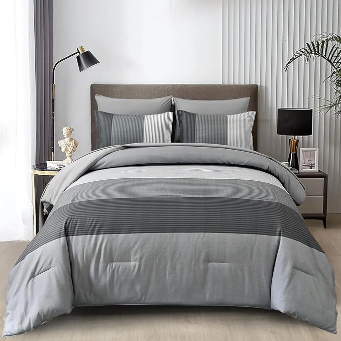 WONGS BEDDING Grey Comforter Set Queen, Reversible Grey Striped Patchwork Down Alternative Comforter for Queen Bed,3 Pieces (1 Comforter+2 Pillowcases), Boho Soft Microfiber Bedding Set 90"×90" - LeafyLoom