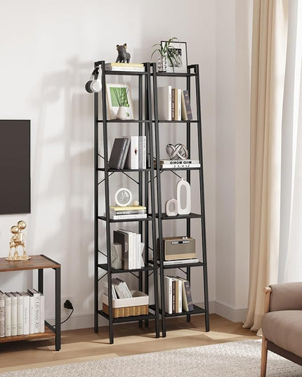 Ladder Shelf, Bookshelf Bookcase, Freestanding Corner Storage Shelve with 2 Hooks for Home Office, Living Room, Kitchen, Bedroom, Industrial, 6-Tier Black BC13304B - LeafyLoom