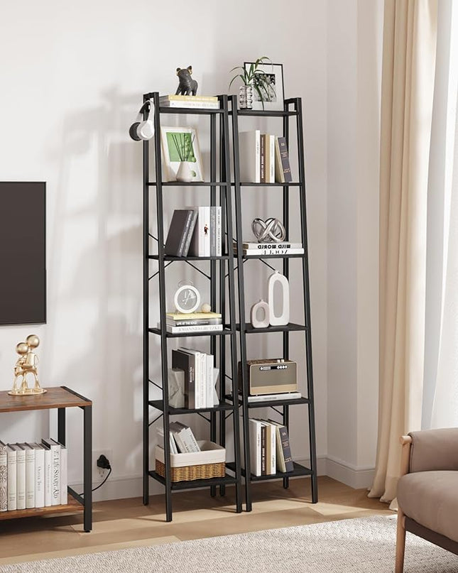 Ladder Shelf, Bookshelf Bookcase, Freestanding Corner Storage Shelve with 2 Hooks for Home Office, Living Room, Kitchen, Bedroom, Industrial, 6-Tier Black BC13304B - LeafyLoom