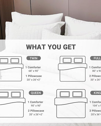 HYMOKEGE Seersucker Queen Comforter Set 3 Pieces, Lightweight Comforter Sets for Bedding, Bed Set with 1 All Season Soft Down Alternative Comforter and 2 Pillow Shams, White - LeafyLoom