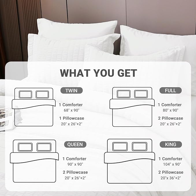 HYMOKEGE Seersucker Queen Comforter Set 3 Pieces, Lightweight Comforter Sets for Bedding, Bed Set with 1 All Season Soft Down Alternative Comforter and 2 Pillow Shams, White - LeafyLoom