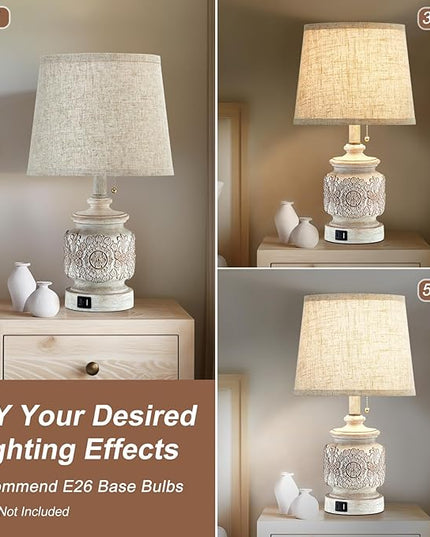 19.5" Farmhouse Vintage Table Lamps for Living Room Set of 2 Traditional Rustic Bedside Lamps for Bedrooms Nightstand with USB Ports Carved Floral Night Light Lamp for Office Decor,Pull Chain - LeafyLoom