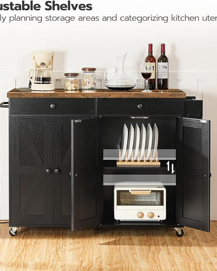 HOOBRO 43.3 Inch Kitchen Island with Charging Station, Rolling Kitchen Island with Storage, Kitchen Island Cart with Spice Rack and Hooks, for Kitchen, Living Room, Rustic Brown and Black BF11UZD01 - LeafyLoom