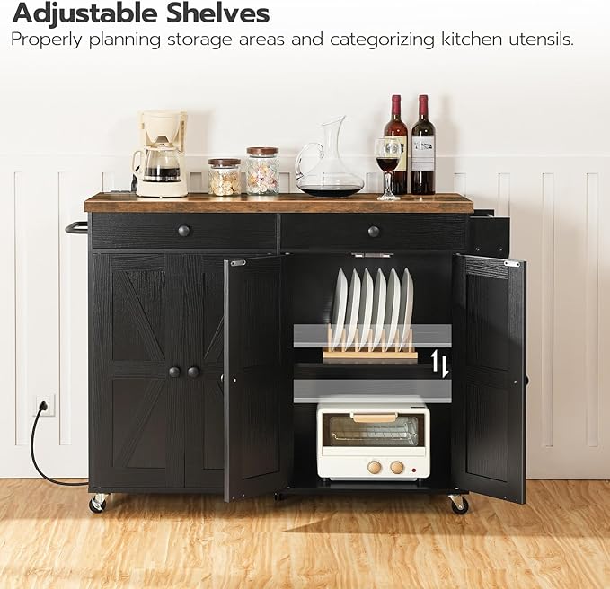 HOOBRO 43.3 Inch Kitchen Island with Charging Station, Rolling Kitchen Island with Storage, Kitchen Island Cart with Spice Rack and Hooks, for Kitchen, Living Room, Rustic Brown and Black BF11UZD01 - LeafyLoom