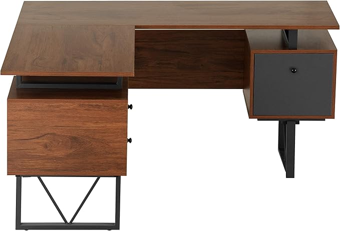 Techni Mobili Reversible Modern Versatile L Shaped Drawers and File Cabinet Home Office Desk, 59" W x 57.3" D x 30" H, Brown, Grey - LeafyLoom