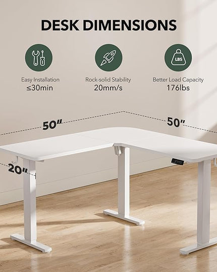 FEZIBO L Shaped Standing Desk, Electric Stand up Height Adjustable Home Office Table, Sit Stand Desk, White Top - LeafyLoom