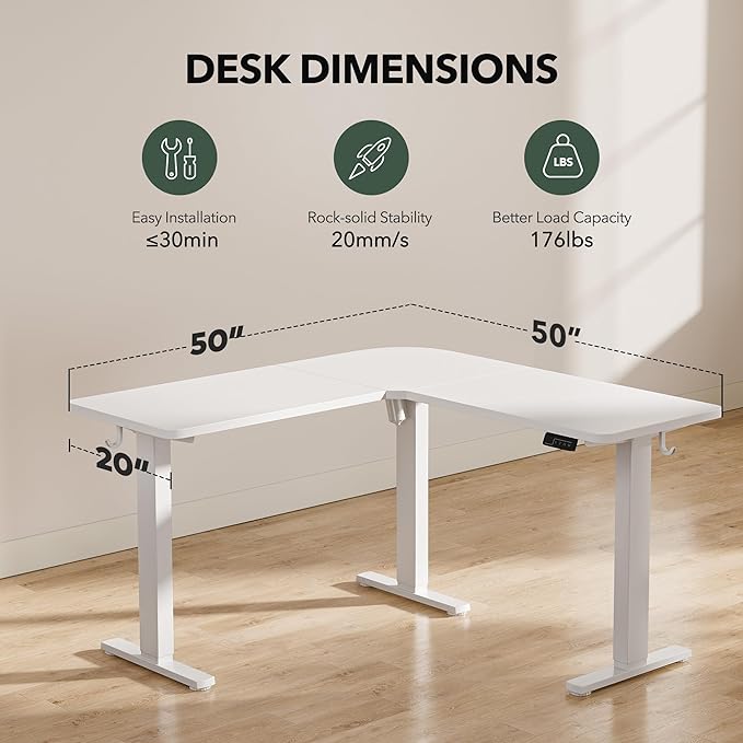 FEZIBO L Shaped Standing Desk, Electric Stand up Height Adjustable Home Office Table, Sit Stand Desk, White Top - LeafyLoom