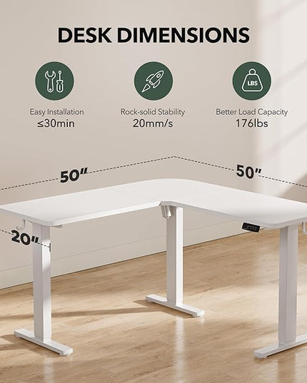 FEZIBO L Shaped Standing Desk, Electric Stand up Height Adjustable Home Office Table, Sit Stand Desk, White Top - LeafyLoom