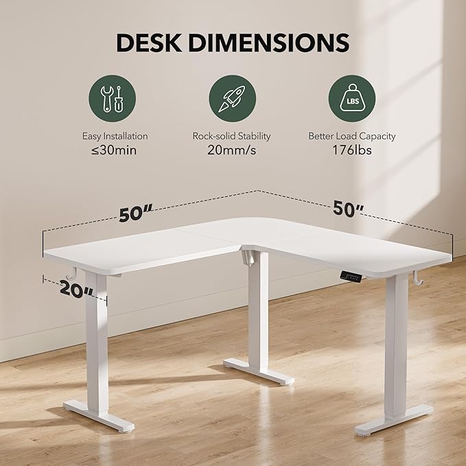 FEZIBO L Shaped Standing Desk, Electric Stand up Height Adjustable Home Office Table, Sit Stand Desk, White Top - LeafyLoom