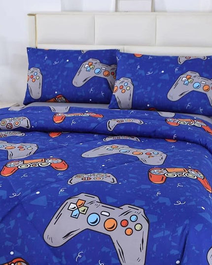 3PCS Blue Gamer Queen Comforter Set for Boys Girls Teens and Kids, Microfiber Lightweight Comforter Queen, Bed in a Bag Cute Bedding, Queen - LeafyLoom
