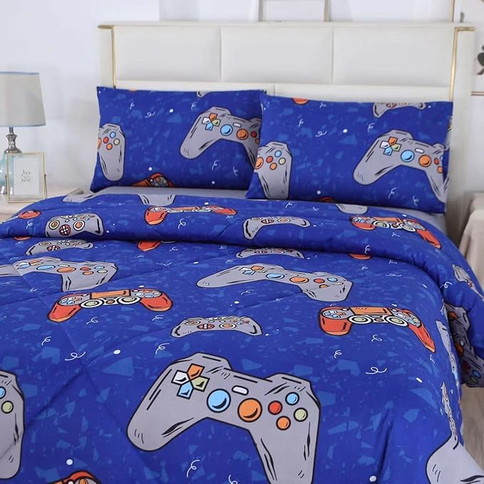 3PCS Blue Gamer Queen Comforter Set for Boys Girls Teens and Kids, Microfiber Lightweight Comforter Queen, Bed in a Bag Cute Bedding, Queen - LeafyLoom