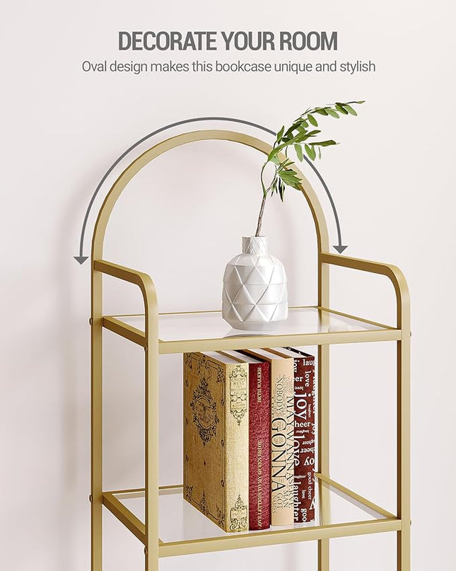 Bookcase Bookshelf, Tempered Glass Bookshelves, Slim Shelving Unit for Bedroom, Bathroom, Home Office, Steel Frame, 5 Tier Gold BC05001G - LeafyLoom