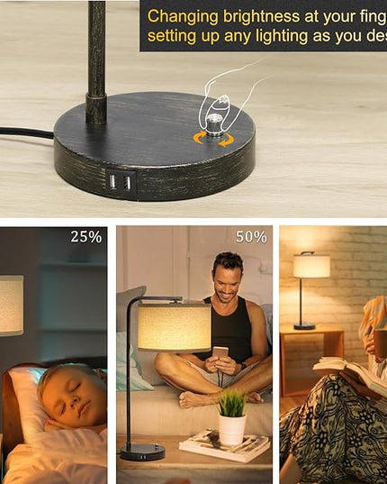 USB Bedside Lamp, Industrial Side Table Lamp with Dual USB Charging Ports, Fully Dimmable Nightstand Lamp, Tall Reading Lamp Desk Lamp for Bedroom, Living Room, Office, 9W LED Bulb Included - LeafyLoom